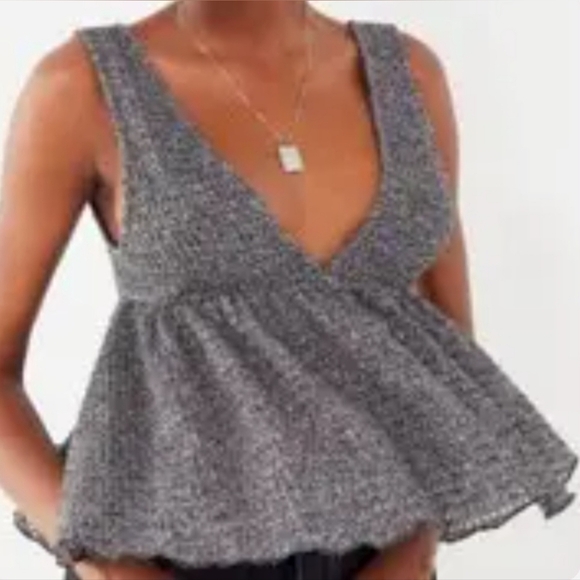 URBAN OUTFITTERS WAFFLE KNIT, PEPLUM TOP GREY/BLACK SZ. SM/SP - Picture 7 of 7